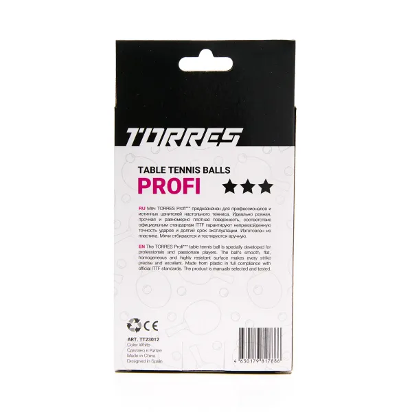 Мяч для наст. тенниса TORRES Profi 3*, TT23012, диам. 40+мм, упак. 6 шт, белый за 338.30 ₽ в Ижевске