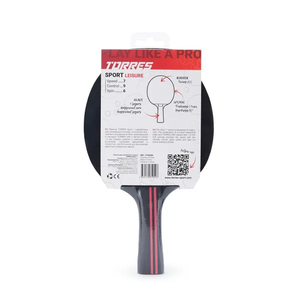 Ракетка для н/т TORRES Sport 1*, TT23005 для любителей, накладка 1,5 мм, конич. ручка за 991.10 ₽ в Ижевске